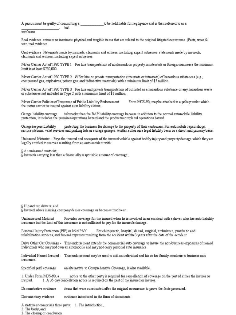 Insurance Adjuster Exam Study Terms PDF Liability Insurance Damages