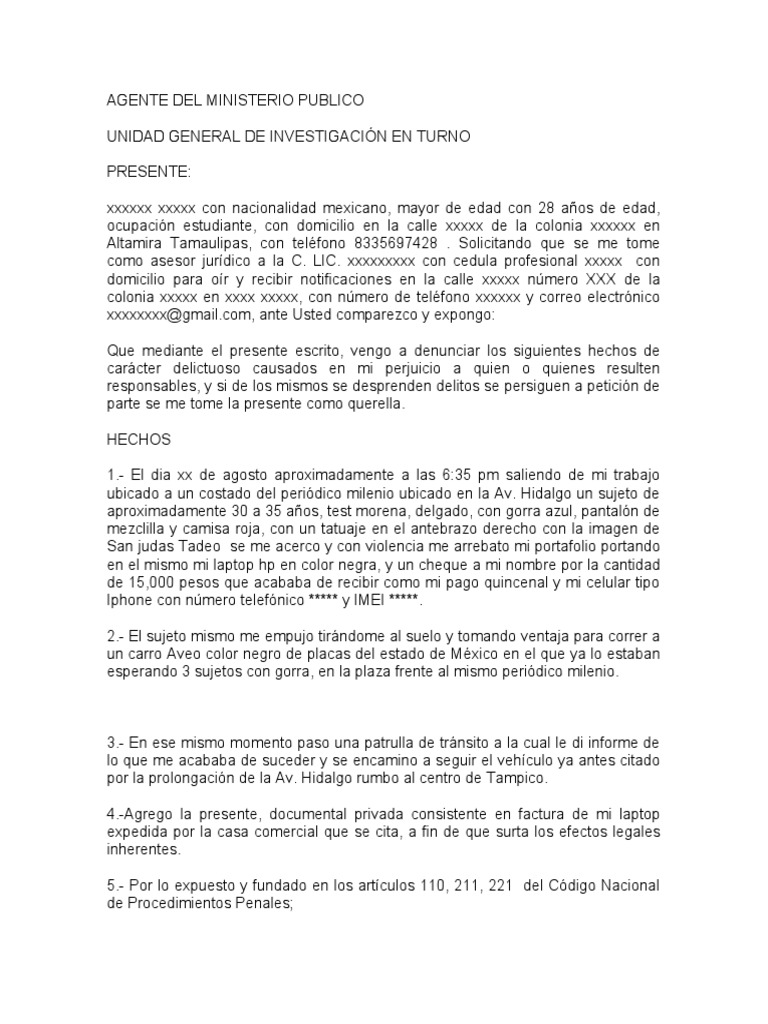 Modelo de Denuncia Por Robo 2 | PDF | Justicia | Crimen y violencia