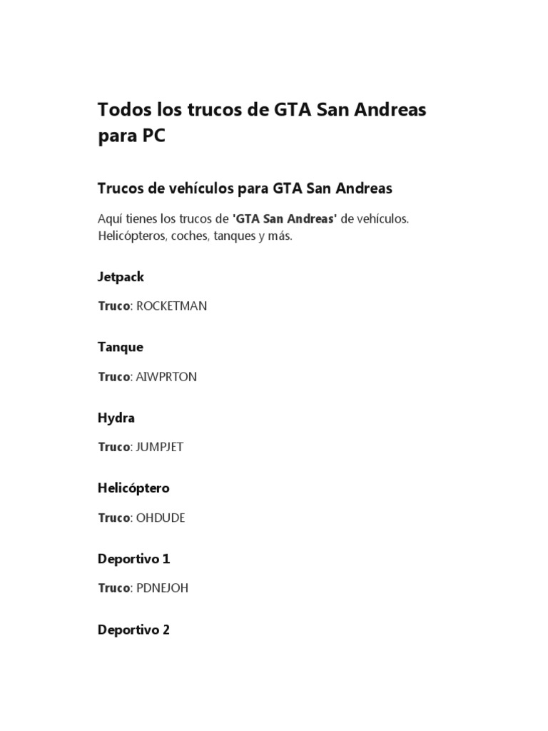 Todos Los Trucos de GTA San Andreas para PC | PDF