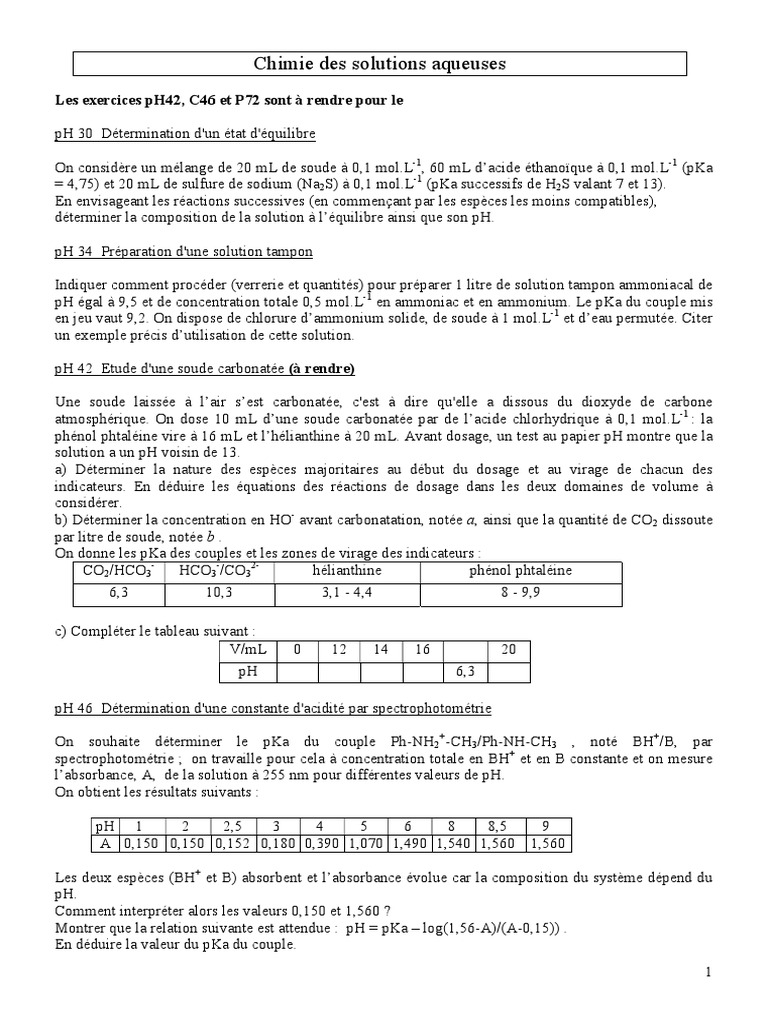 Chimie des Solutions Aqueuses: Exercices et Études | PDF | Ph | Acide
