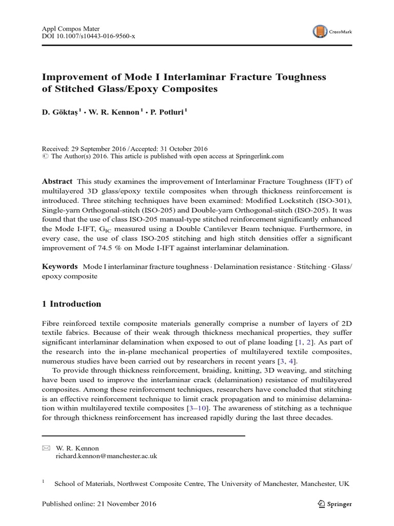 Improvement of Mode I Interlaminar Fracture Toughness of Stitched Glass ...