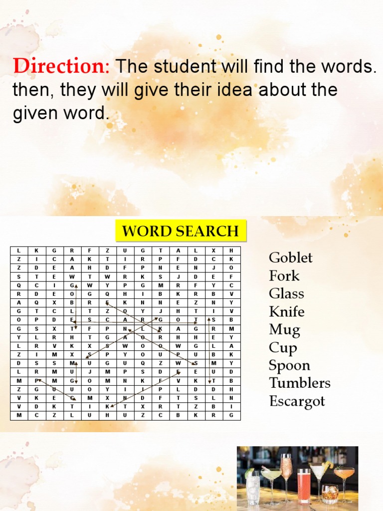 Word Search: Flatware and Glassware Guide | PDF | Tableware | Foods