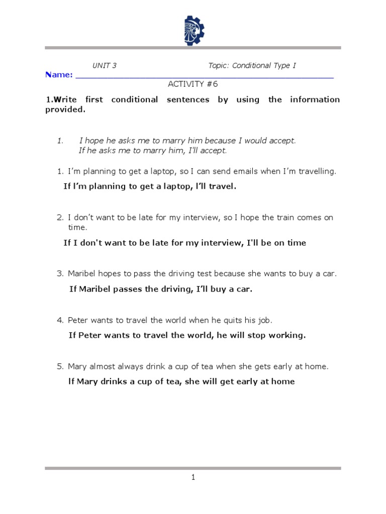 3.3 Conditional Type 1 Exercises | PDF