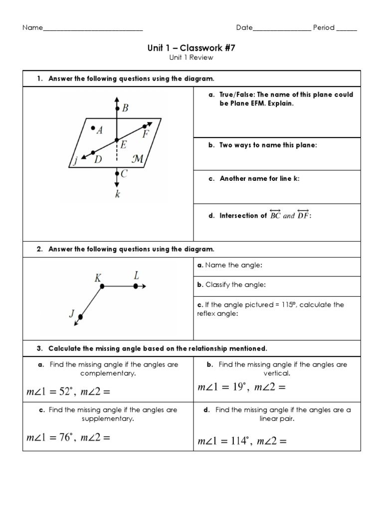 Unit 1 Geometry Review Worksheet | PDF