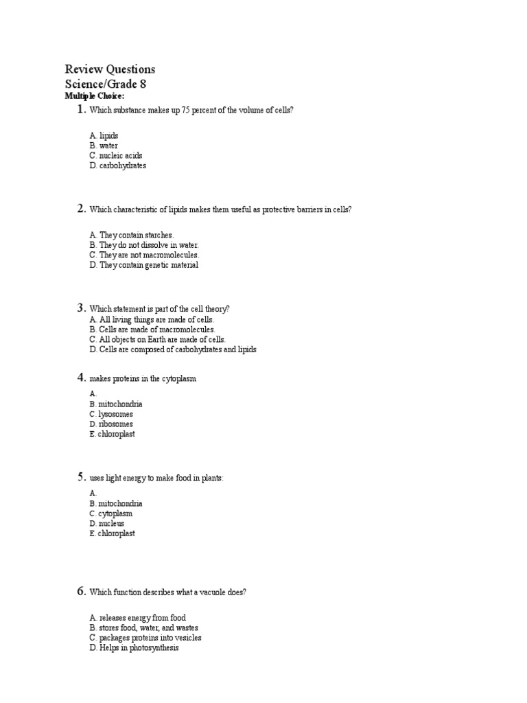 Review Questions Science/Grade 8 1. : Multiple Choice | PDF