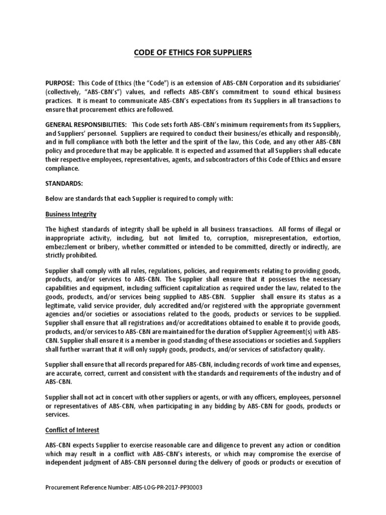Abs cbn code of ethics for suppliers pdf regulatory compliance