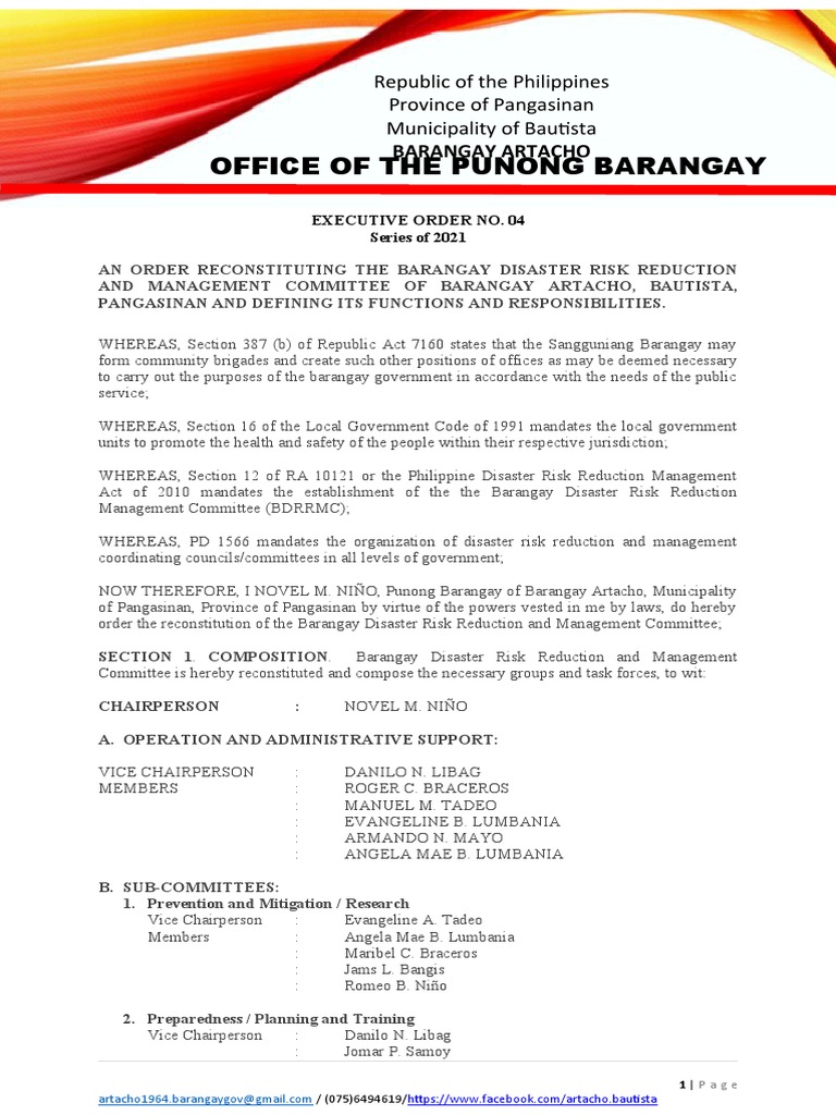 Executive Order No. 4, 2021 BDRRMC PDF Emergency Evacuation Emergency