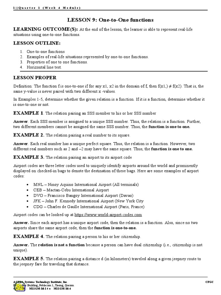 Real-Life Examples of One-to-One Functions | PDF | Function ...