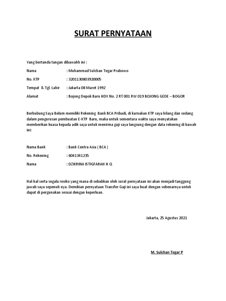 Surat Pernyataan Transfer Gaji Egha PDF