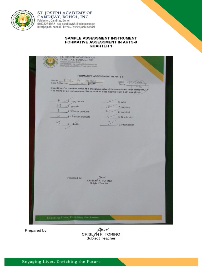 St. Joseph Academy of Candijay Bohol Inc. FORMATIVE ASSESSMENT ARTS 8 ...