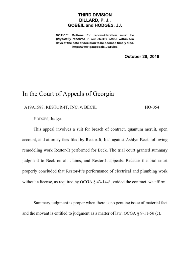RESTORIT V BECK Ga. App. 2019 PDF Summary Judgment Standard Of