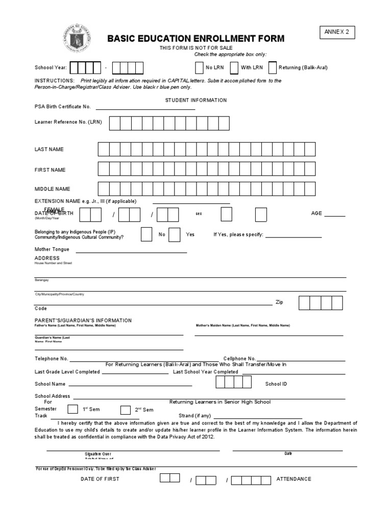 Basic Education Enrollment Form: Instructions | PDF