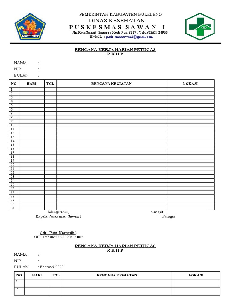 Rencana Kerja Harian Puskesmas Sawan I | PDF