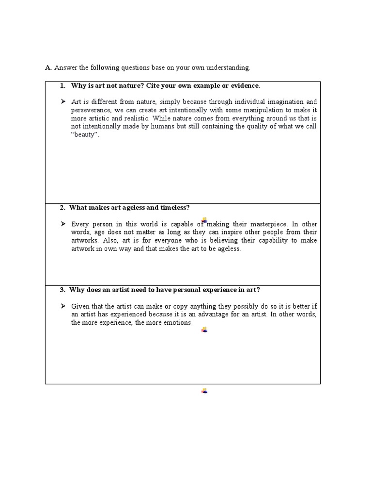 A. Answer The Following Questions Base On Your Own Understanding. 1. Why Is Art Not Nature? Cite