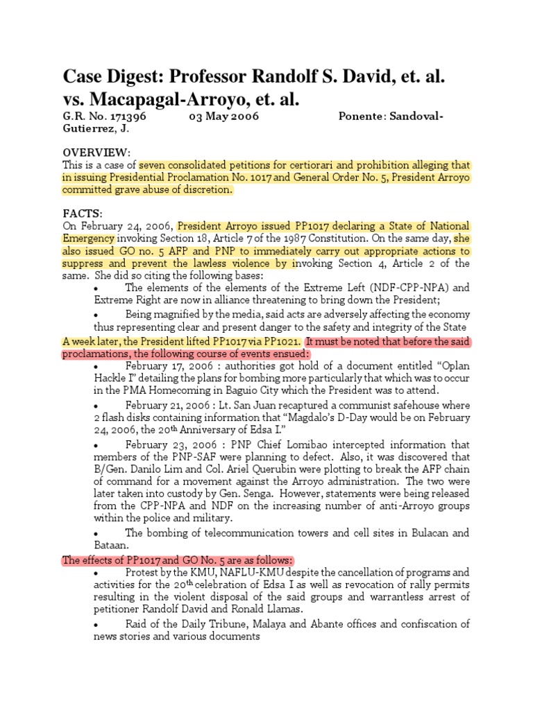 Case digest professor randolf s david et al vs macapagal arroyo