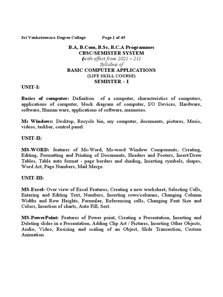 Basic Computer Applications Syllabus | PDF | Computer Data Storage ...