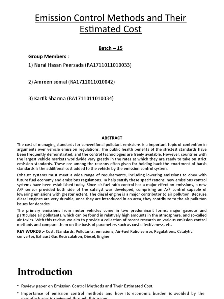 Emission Control Methods and Their Estimated Cost Batch 15 Group