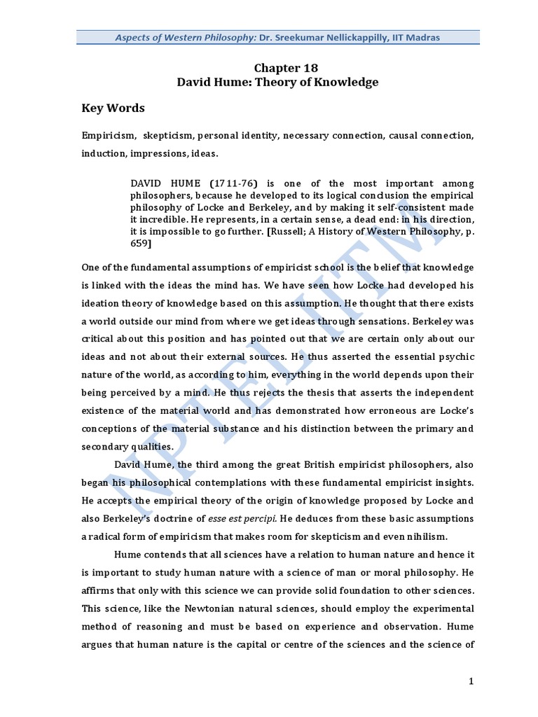 David Hume Theory of Knowledge Key Words Aspects of Western
