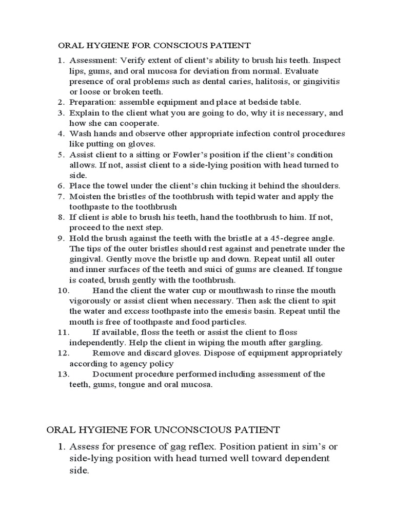 Oral Hygiene for Conscious and Unconscious Patients | PDF | Oral ...