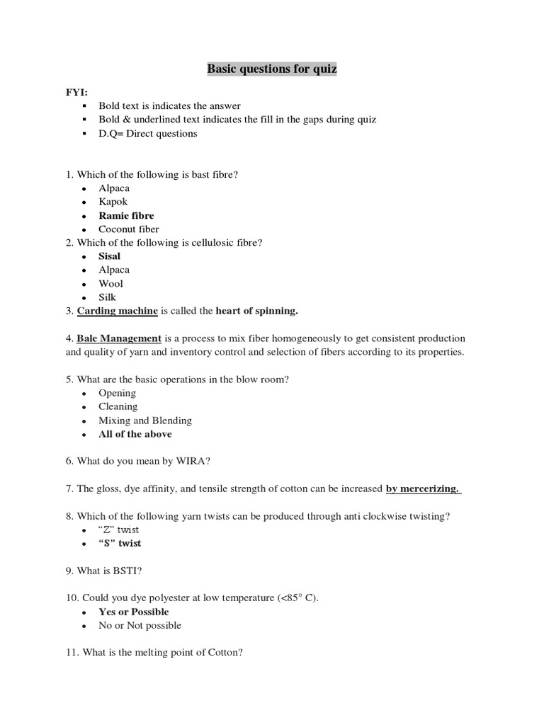 Basic Questions For Textile Quiz PDF