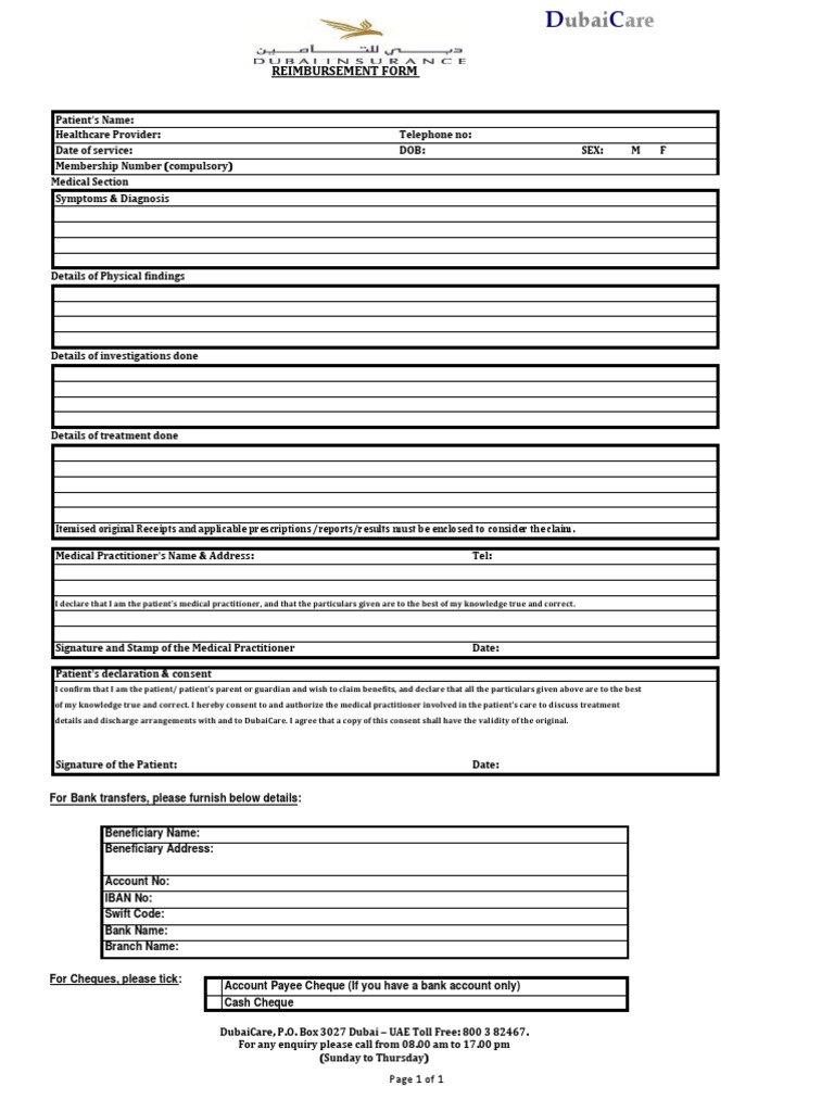 DubaiCare Reimbursement Claim Form | PDF | Cheque | Patient