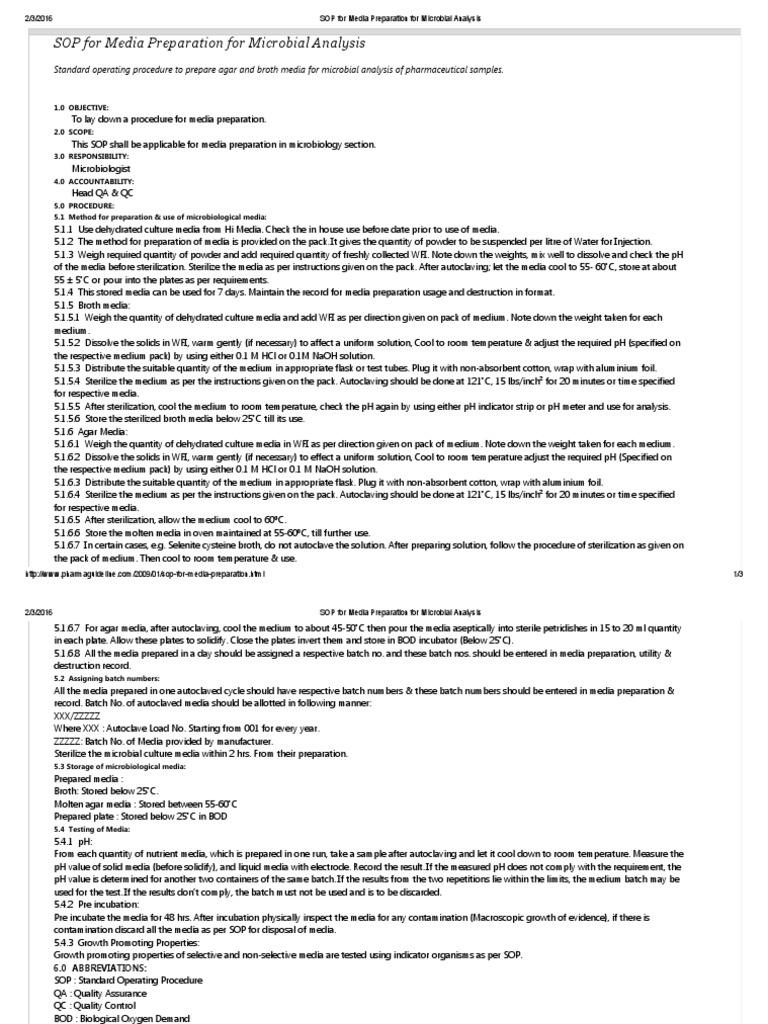 SOP For Media Preparation For Microbial Analysis PDF Growth Medium Ph