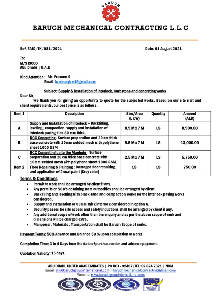 Quote For Interlock Paving and Civil Works PDF United Arab Emirates