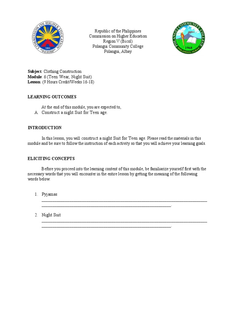 Teen Wear, Night Suit Subject Clothing Construction Module 6 (Lesson (9 Hours Credit/Weeks