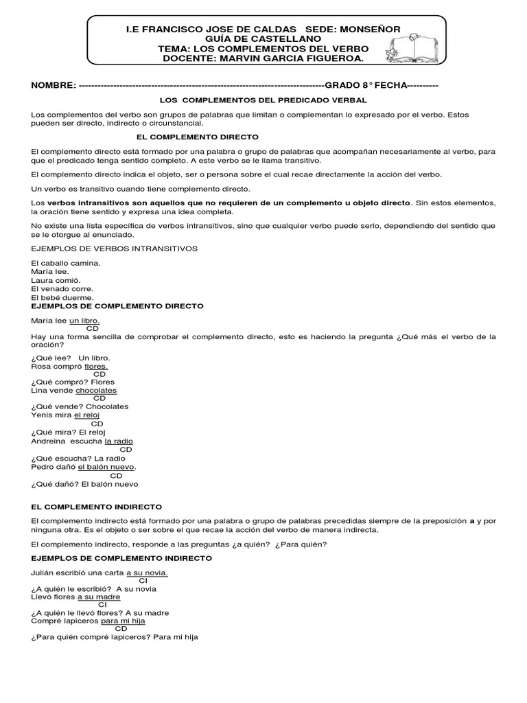 Complementos del Verbo en Castellano | PDF | Verbo | Objeto (gramática)