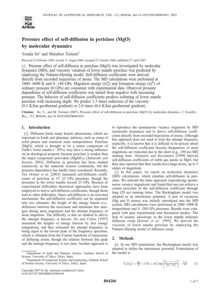 Pressure Effect of Self-Diffusion in Periclase (Mgo) by Molecular ...