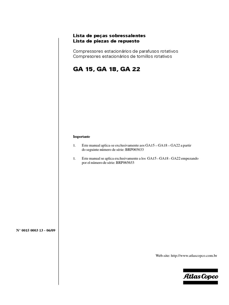 Manual de Piezas GA15, GA18, GA22 | PDF | Máquinas | Ingeniería mecánica