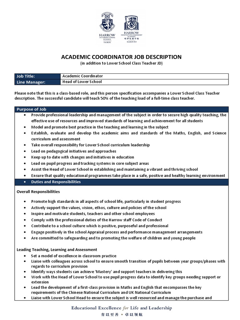 Academic Coordinator Job Description Job Title Line Manager PDF Teachers Curriculum