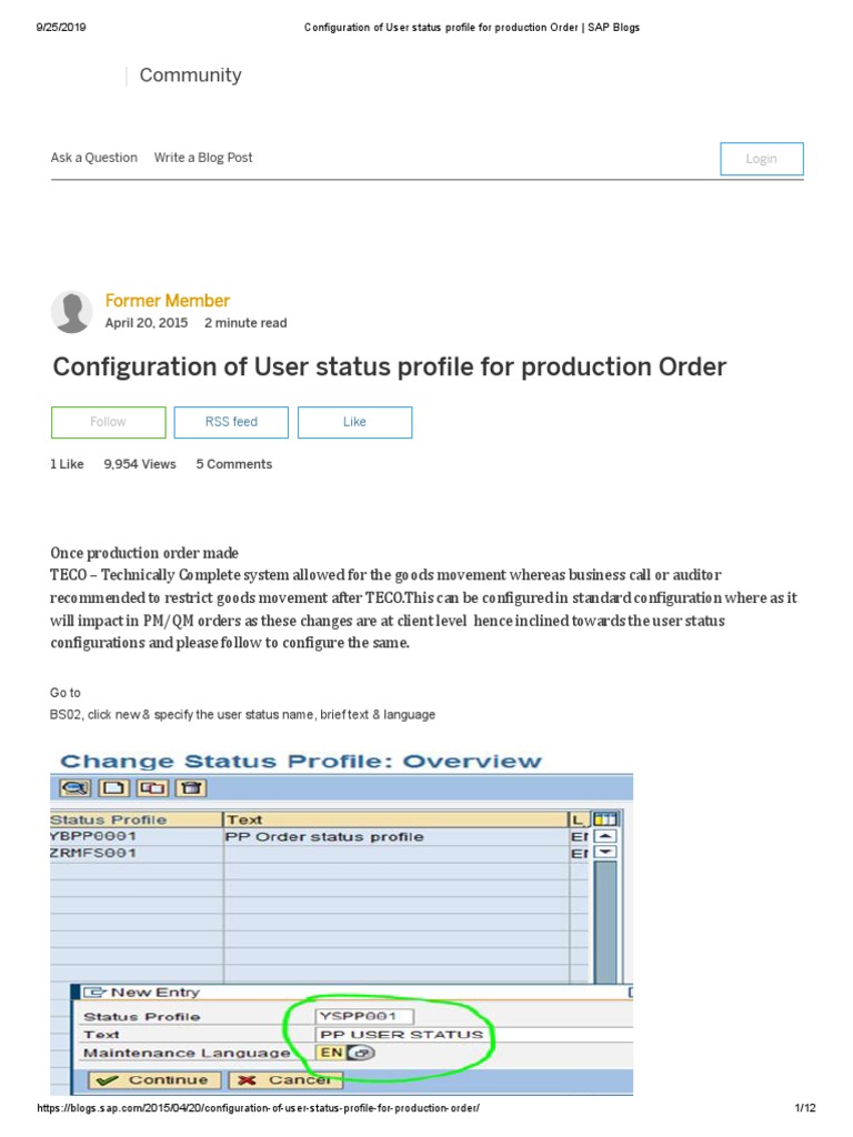 Configuration of User Status Profile For Production Order - SAP Blogs | PDF  | Information Technology Management | Cyberspace