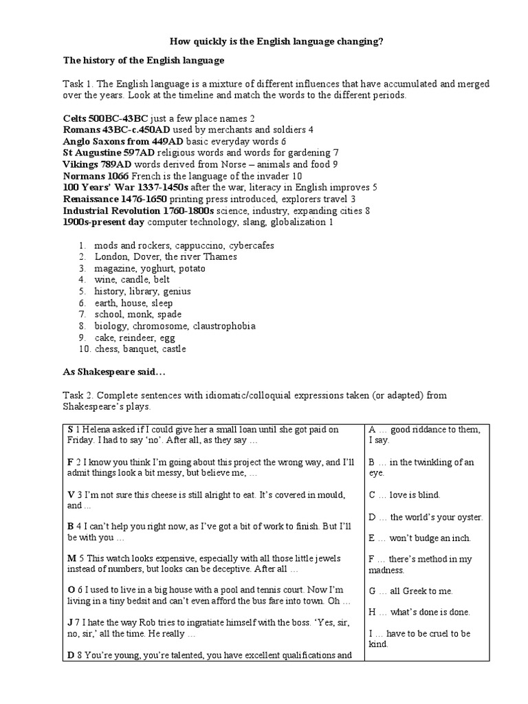How Quickly Is The English Language Changing Worksheet | PDF | English ...