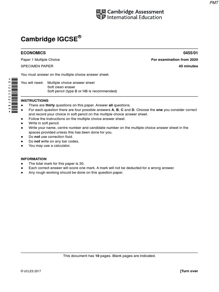 Specimen 2020 QP Paper 1 CIE Economics IGCSE PDF Demand Supply