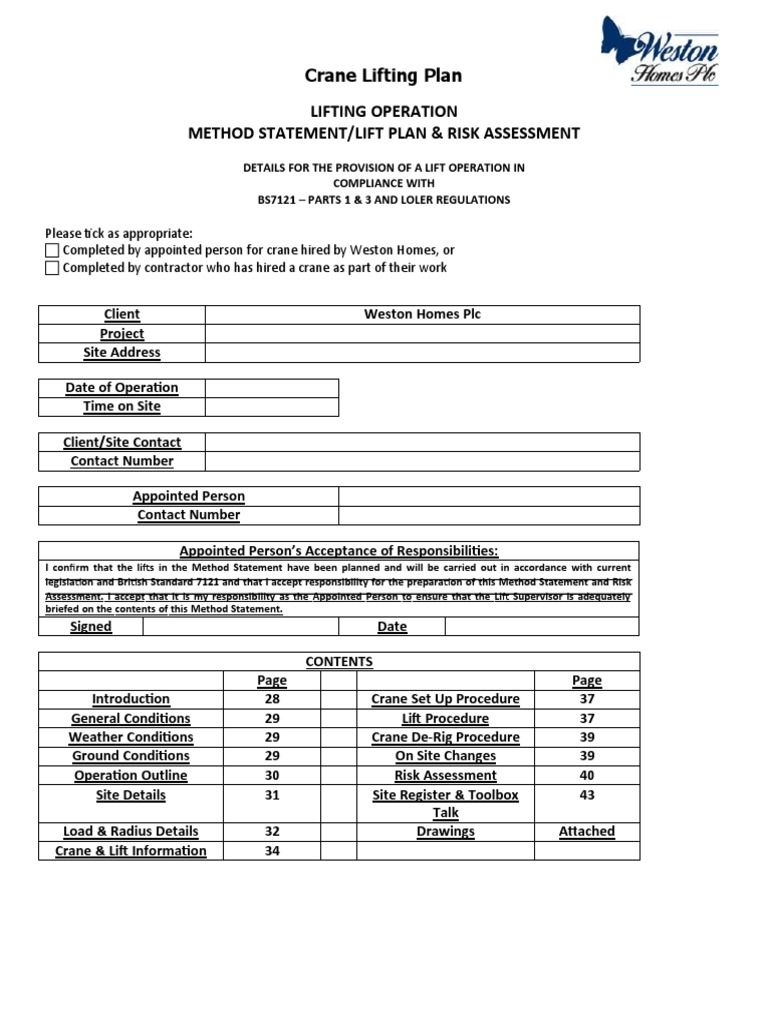 Crane Lifting Plan Lifting Operation Method Statement/Lift Plan & Risk
