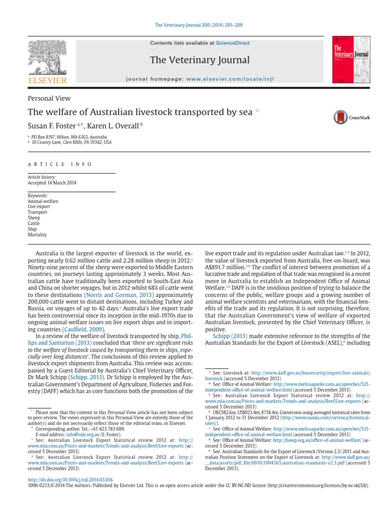 The Welfare of Australian Livestock Transported by PDF Animal