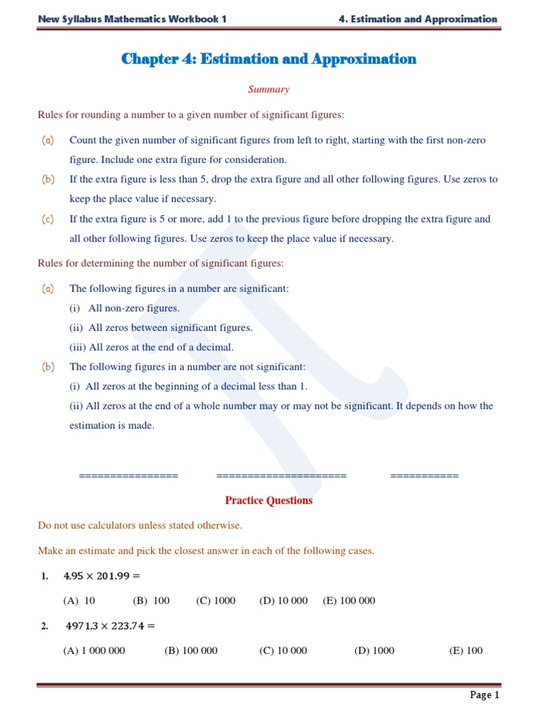 WB 1 CH 4 (Estimation and Approximation) | PDF | Numbers | Area