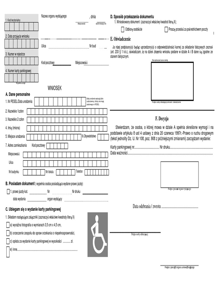 Wniosek o Wydanie Karty Parkingowej PDF