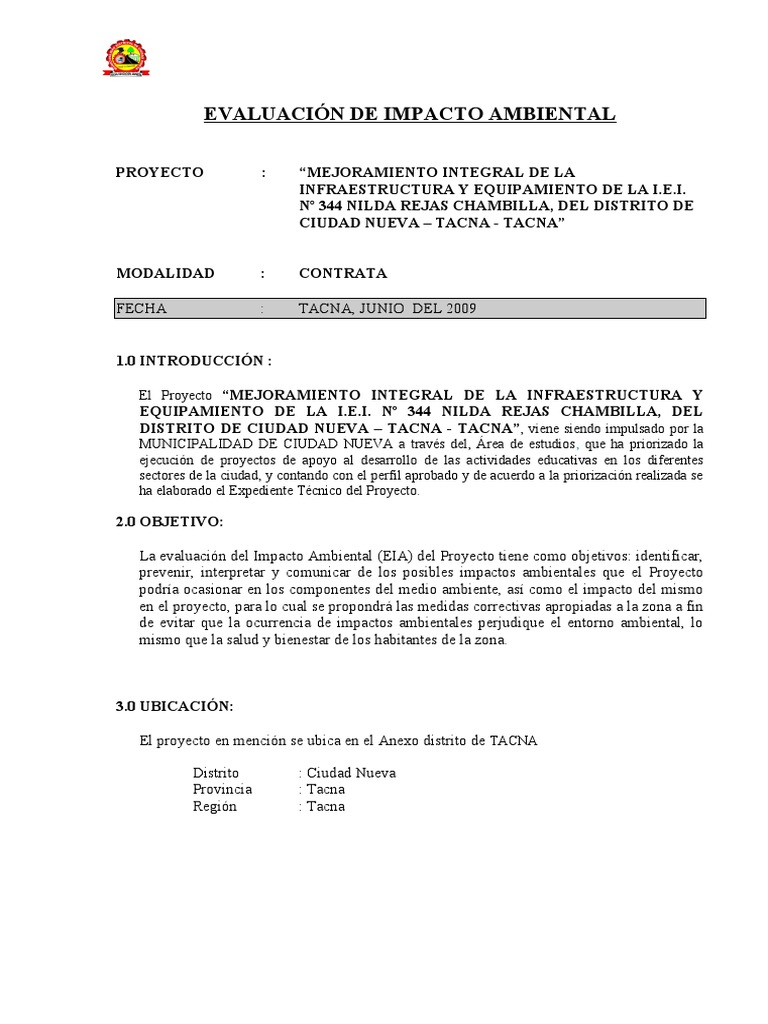 EIA del Proyecto Educativo en Tacna | PDF | Evaluación de impacto ...