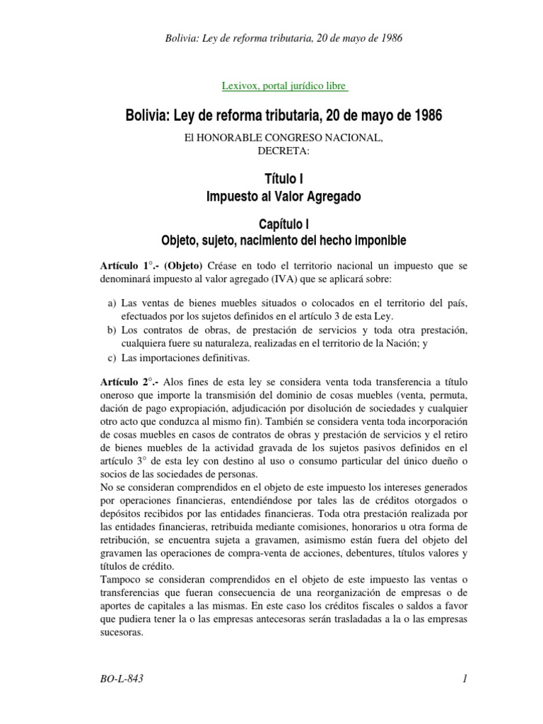 Ley del IVA en Bolivia: Reformas 1986 | PDF | Impuestos | Impuesto ...
