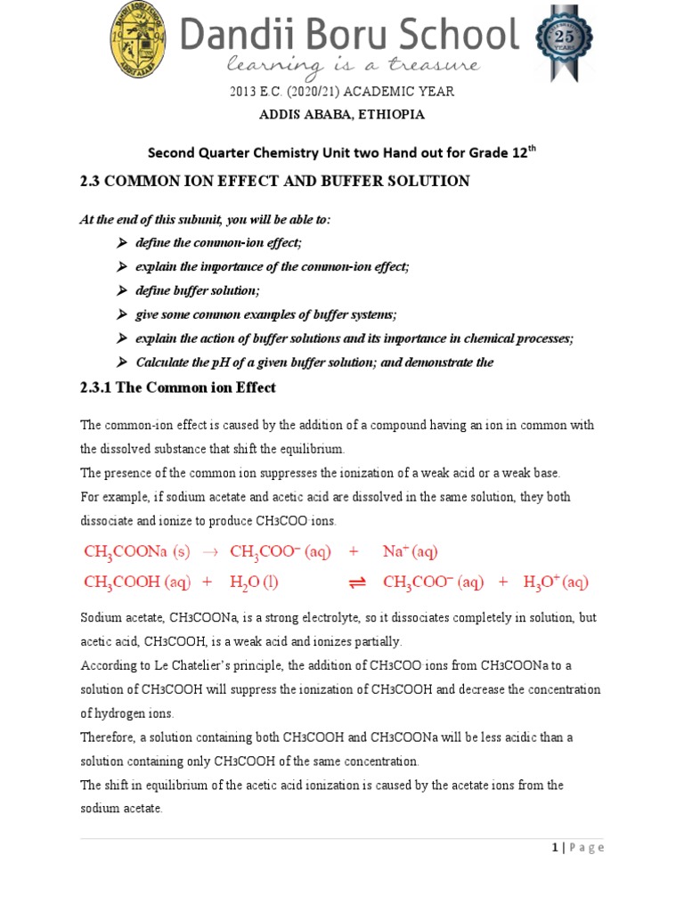 Common Ion Effect and Buffer Solution PDF Buffer Solution Acid