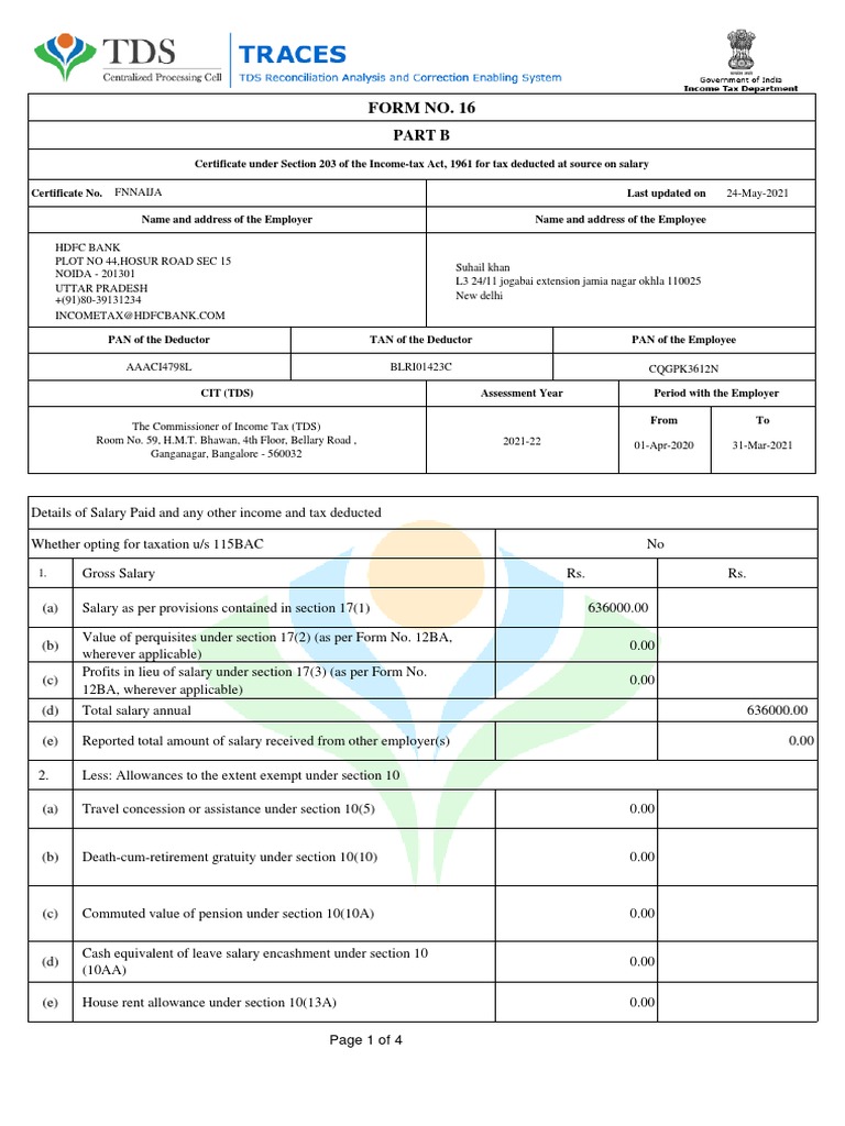 Suhail Khan FORM16 - B - 2020-21 | PDF | Tax Deduction | Pension