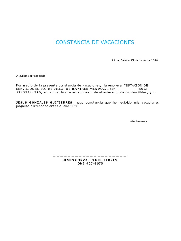 Constancia de Vacaciones | PDF