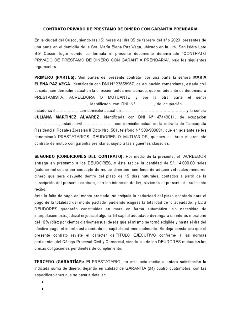 Contrato Privado de Prestamo de Dinero | PDF | Pagos | Derecho privado