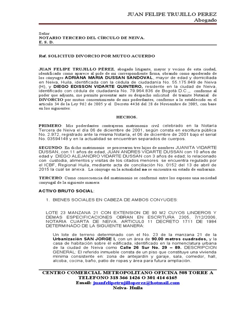 Solicitud de Divorcio en Neiva | PDF | Divorcio | Derecho Civil (Common ...