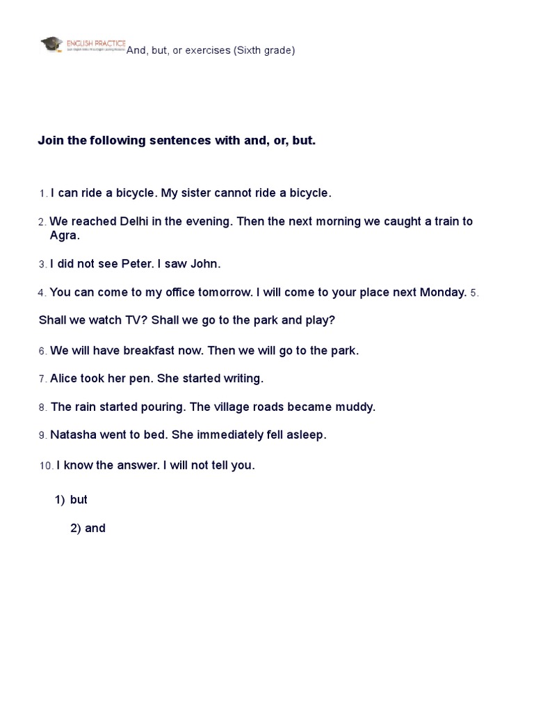 Joining Sentences: And, But, Or Exercises | PDF