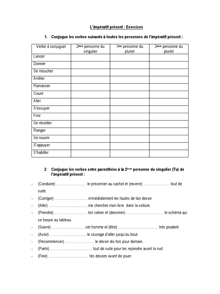 Exercice Sur L impératif Présent 6ème Exercices Impératif 2 | PDF
