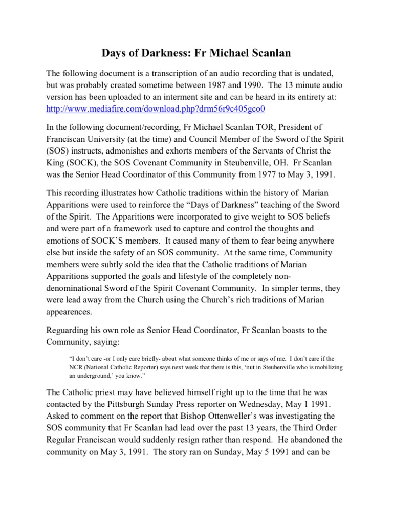 Days of Darkness: 13 Minute Audio Tape of Fr. Michael Scanlan TOR | PDF ...