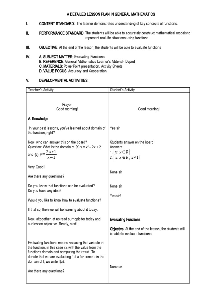 Lesson Plan: Evaluating Functions | PDF | Function (Mathematics ...